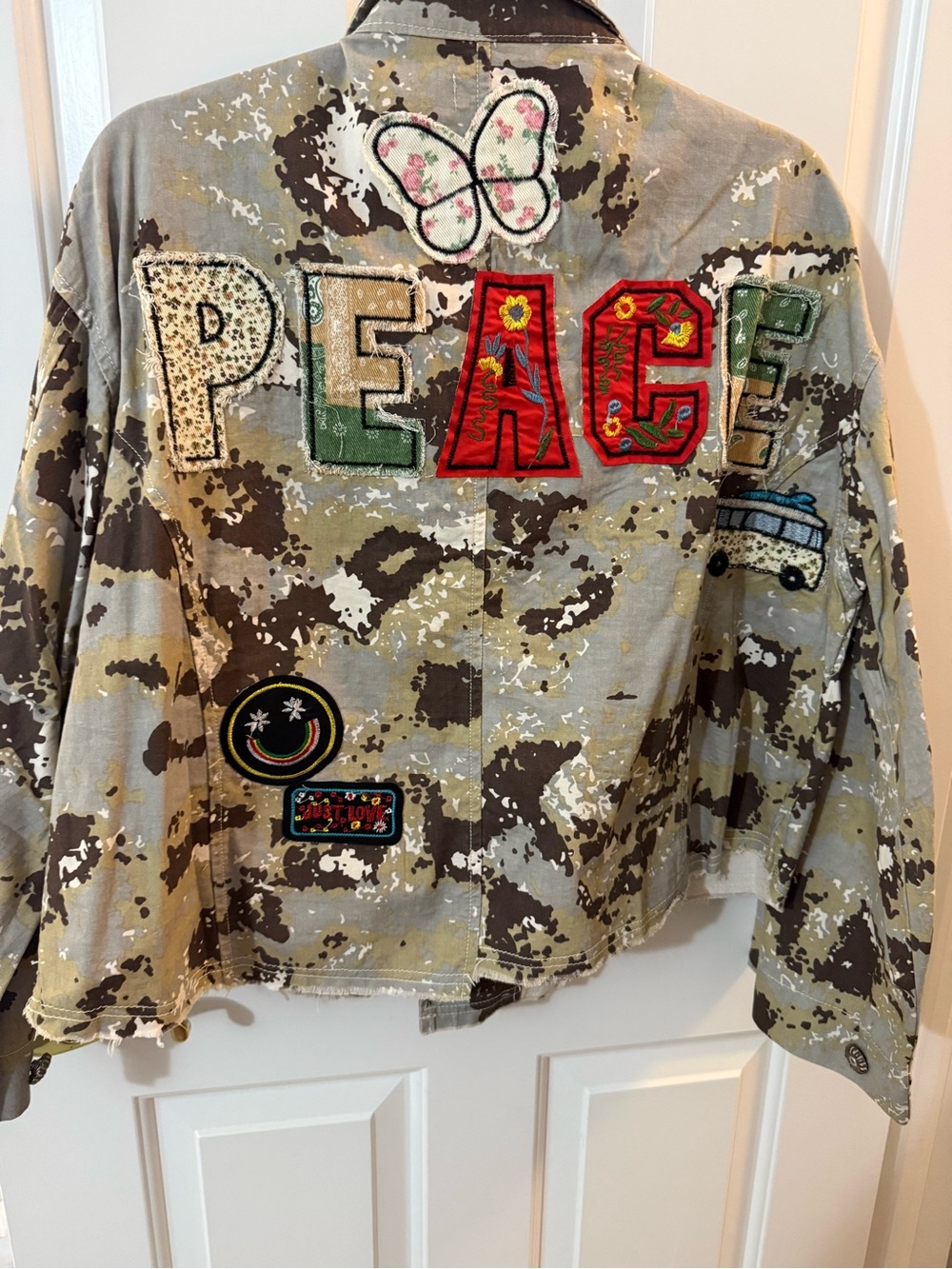 POL Women's Camo Patchwork Jean Jacket with Red Number Accent - Picture 2 of 5